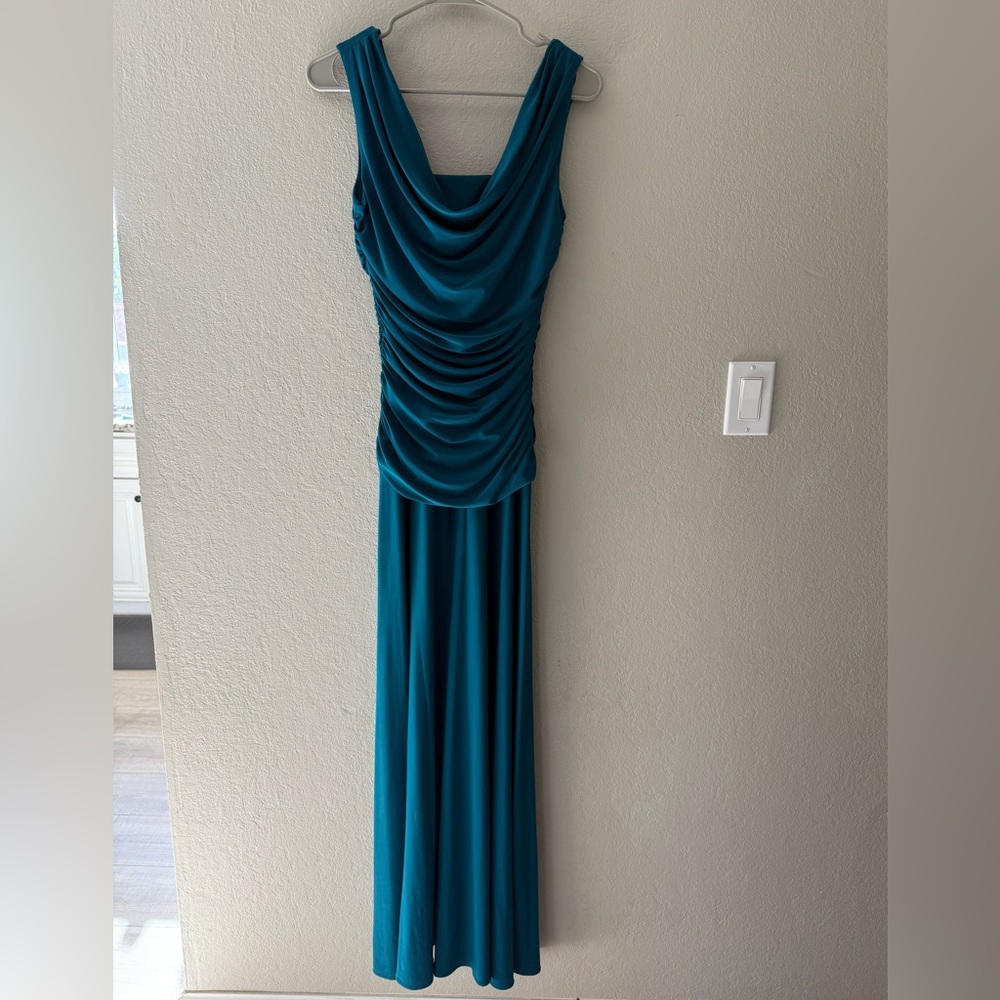 Nightway Teal Ruched Cowl Neck Formal Evening Gown Size 4